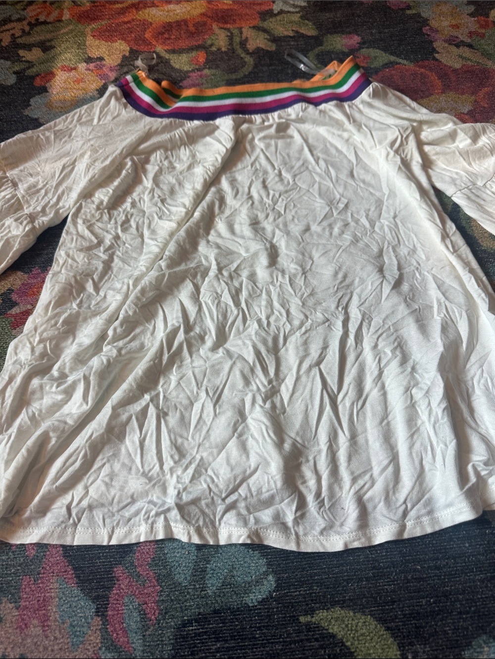 Vine & Love White Off-Shoulder Top with Rainbow Trim
